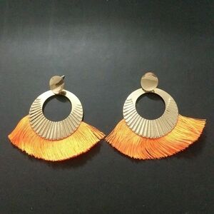 Gold Tone Hoop with Orange Silk Fringe Statement Earrings